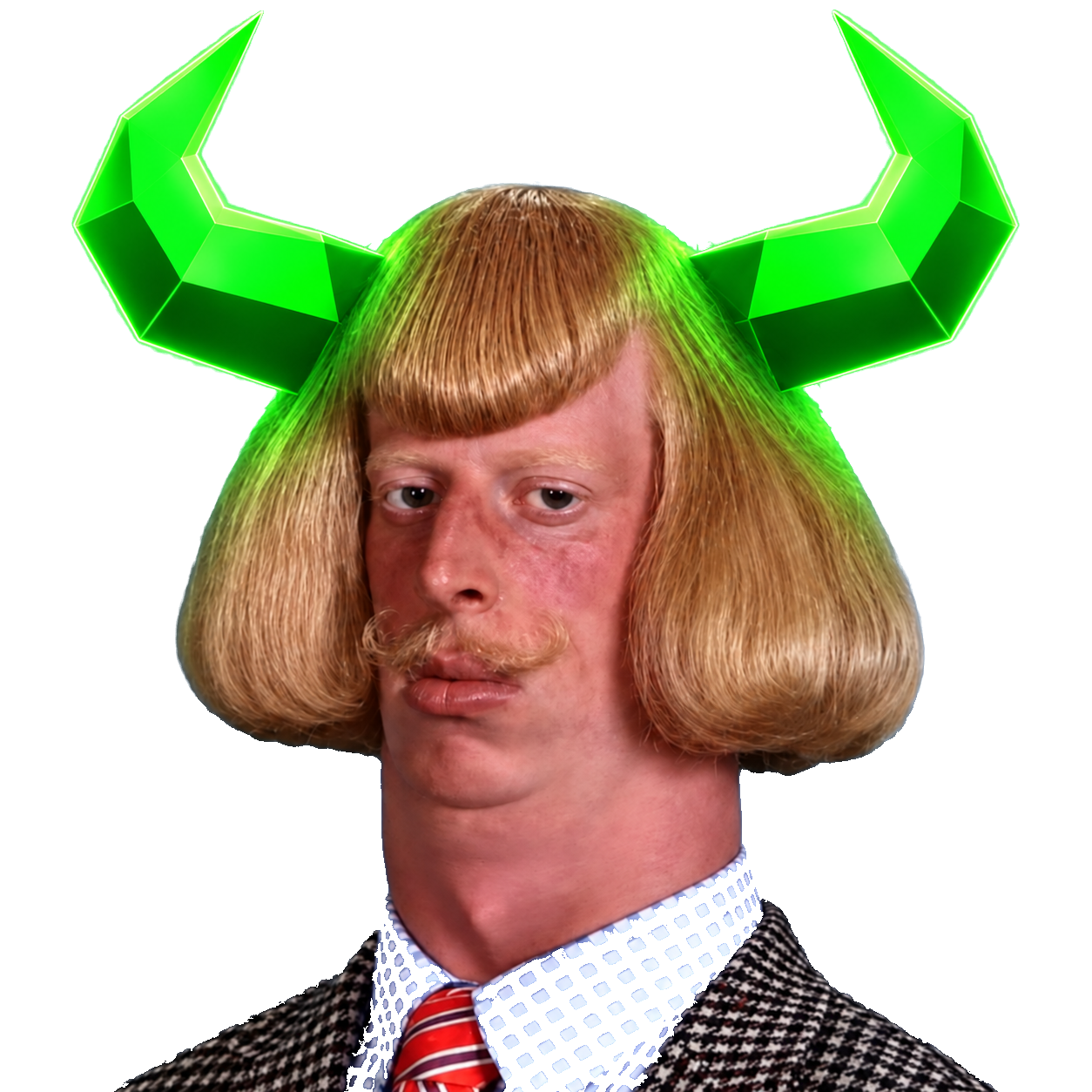 JEANSEM PHIL with a blond bowl cut, curled moustache and glowing green bull horns
