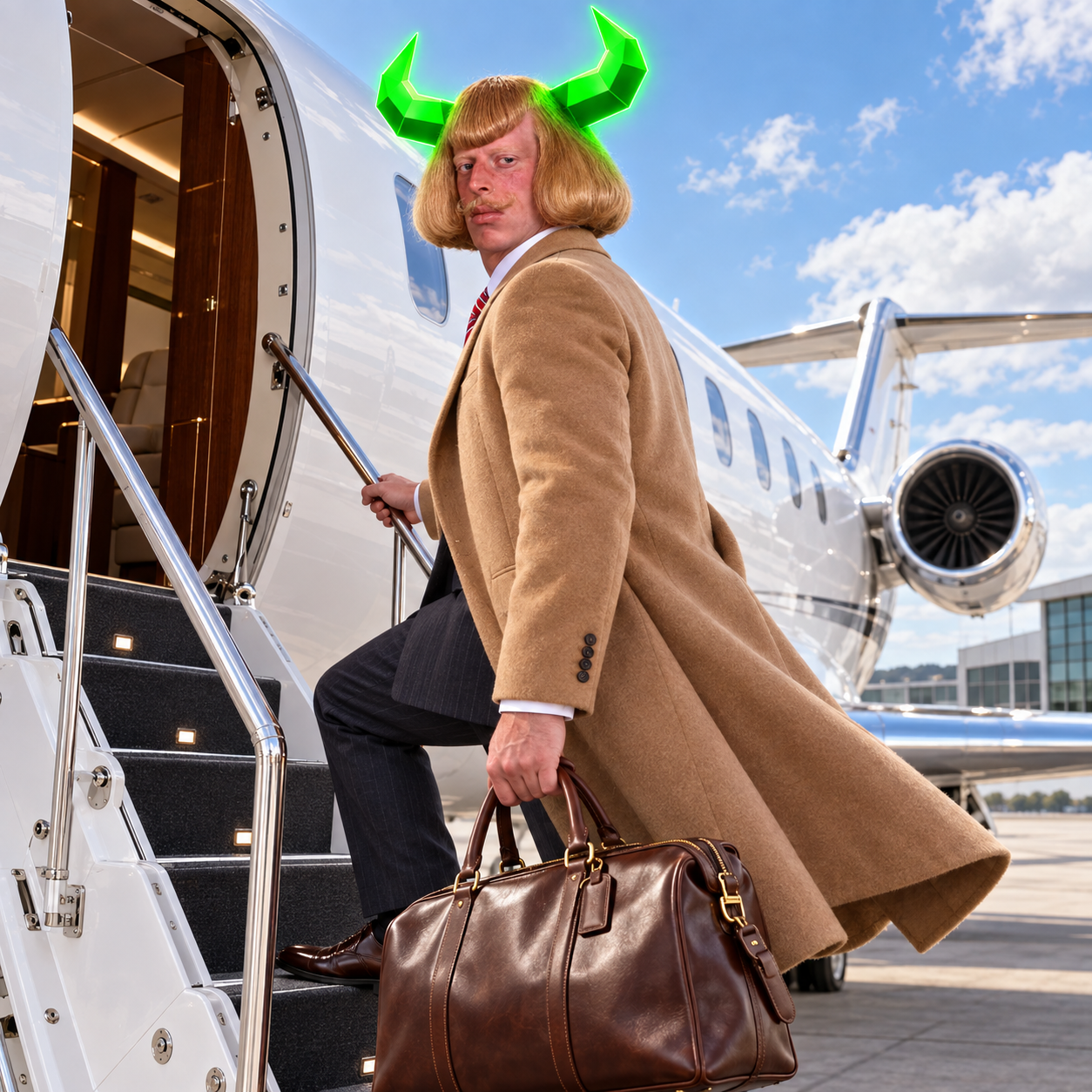 JEANSEM PHIL in a tan coat boarding a private jet