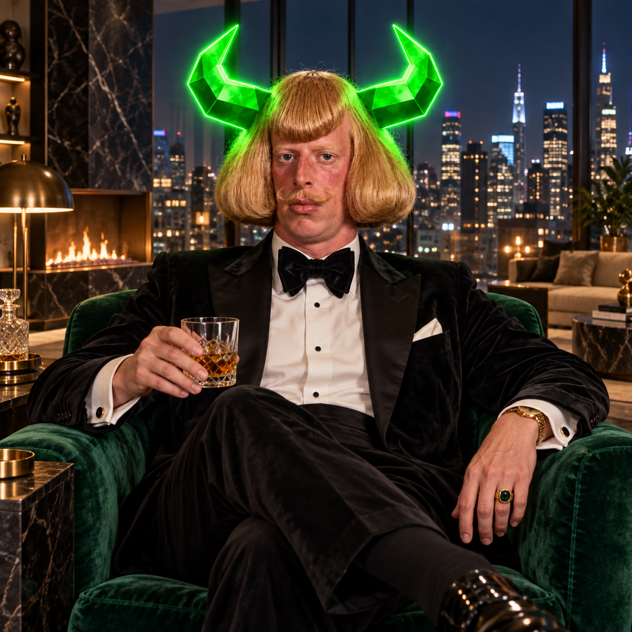 JEANSEM PHIL in a tuxedo holding a drink in a penthouse lounge